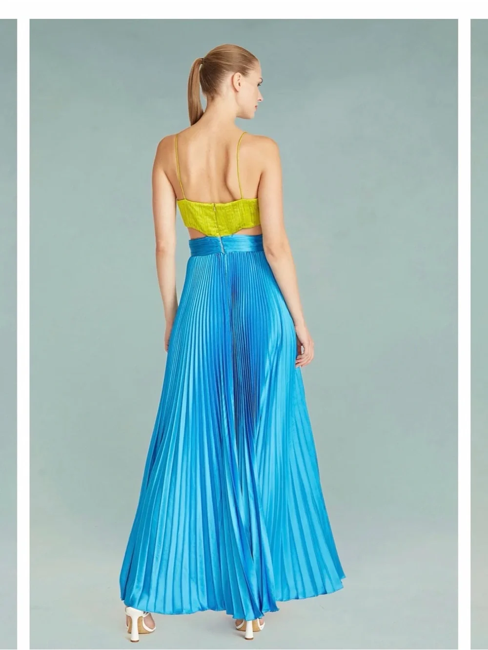 AMUR ELODIE Pleated Maxi Dress in Lime & Aqua SZ 4